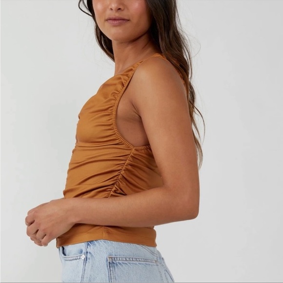 NWT Free People Ride Along Faux Leather Ruched Tank Top in Cowgirl Tan - Picture 4 of 11